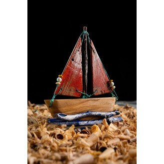 Olive Wooden Boat with 2 Colored Wooden Sails Red Olive Wooden Boat with 2 Colored Wooden Sails Red