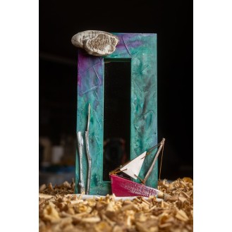 Wooden Mirror with Houses or Boat Turquoise Wooden Mirror with Houses or Boat Turquoise