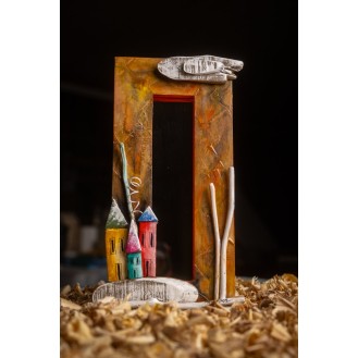 Colored Vertical Wooden Mirror with Houses Orange Colored Vertical Wooden Mirror with Houses Orange